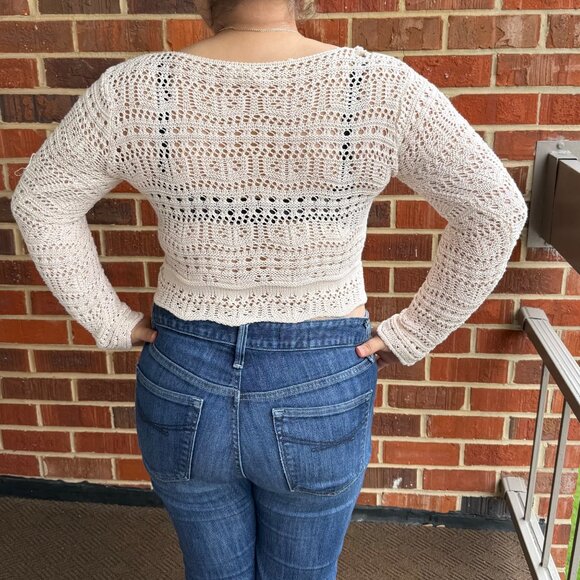 Boho Cream Crochet Knit Crop Sweater Top Size XL Sky and Sparrow Long Sleeve - Picture 5 of 10